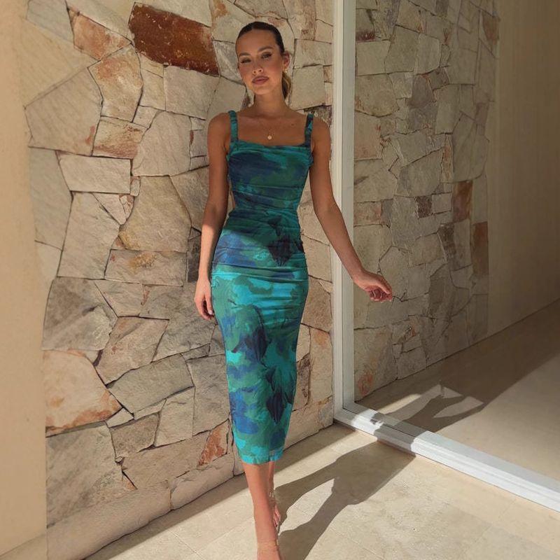 2025 Women Clothes Spring New Sleeve Slimming Sling Backless off-Neck Print Split Dress Women