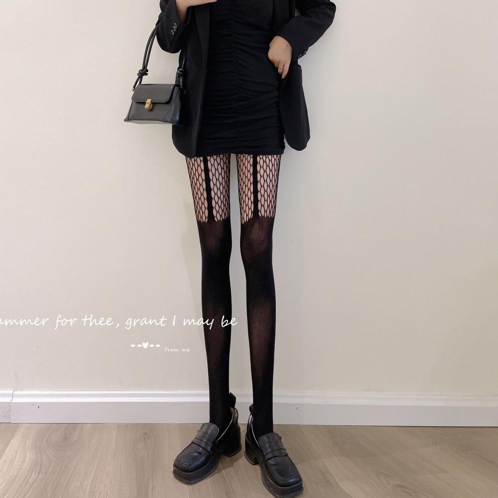 Double-line Net Socks Women's Grid Semi-hollow Fishing Net Socks Jacquard Pantyhose Black Silk Garter Socks Bottoming Stockings Pantyhose
