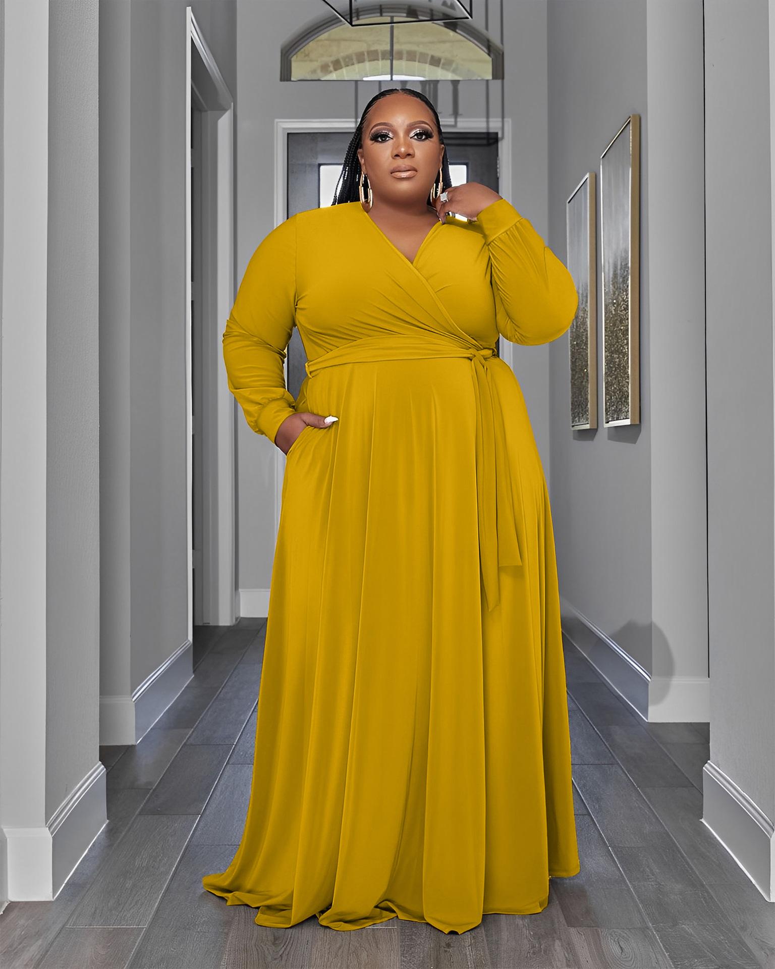 

Плюс размер женское весенне-осеннее модное платье с длинными рукавами и v-образным вырезом женское цельное однотонное свободное платье с карманом XXL жёлтый