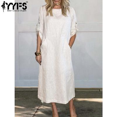 Kadın Modası Yaz Bahar Düz Renk Baskı 1/2 Kol O-Yaka Bol Bel Günlük Elbiseler