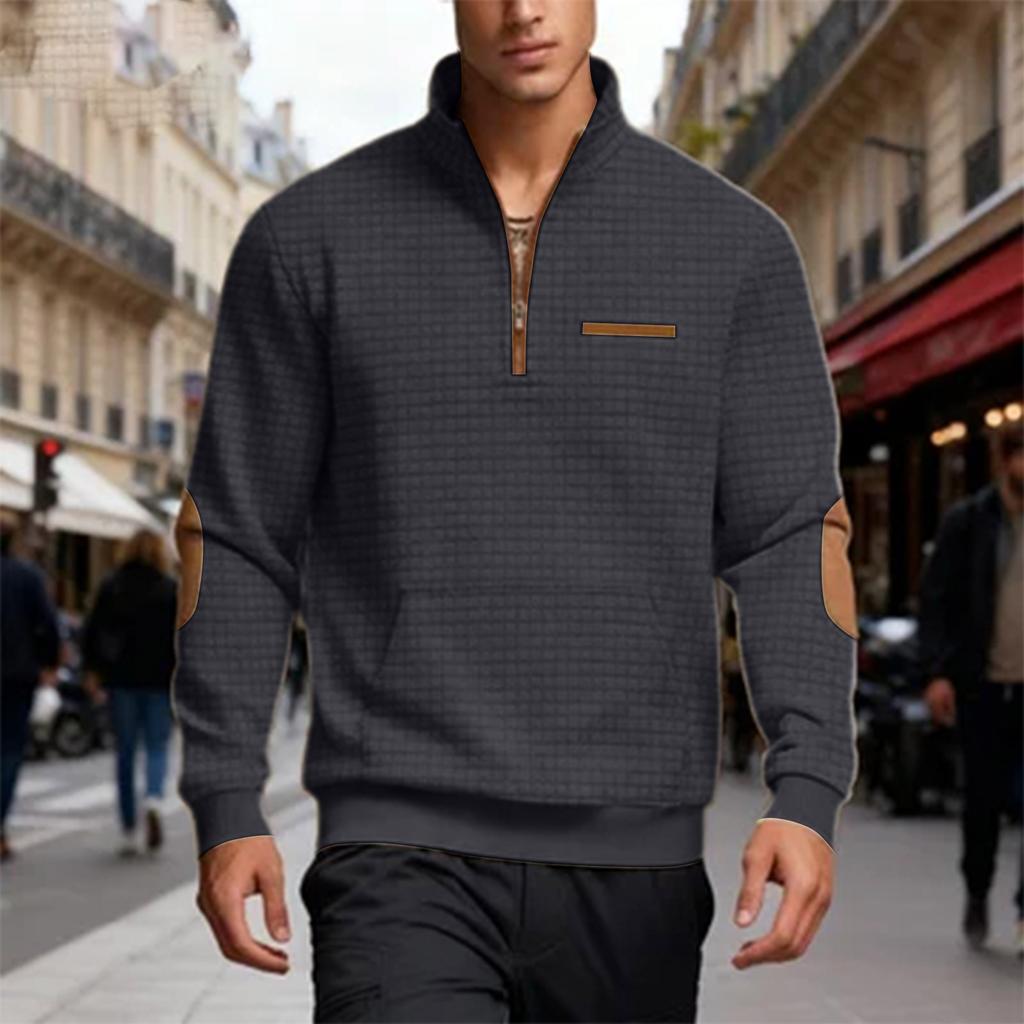 Men's Casual Oversized Solid-Color Outdoor Small Check Stand-Up Collar Half-Zip Sweatshirt