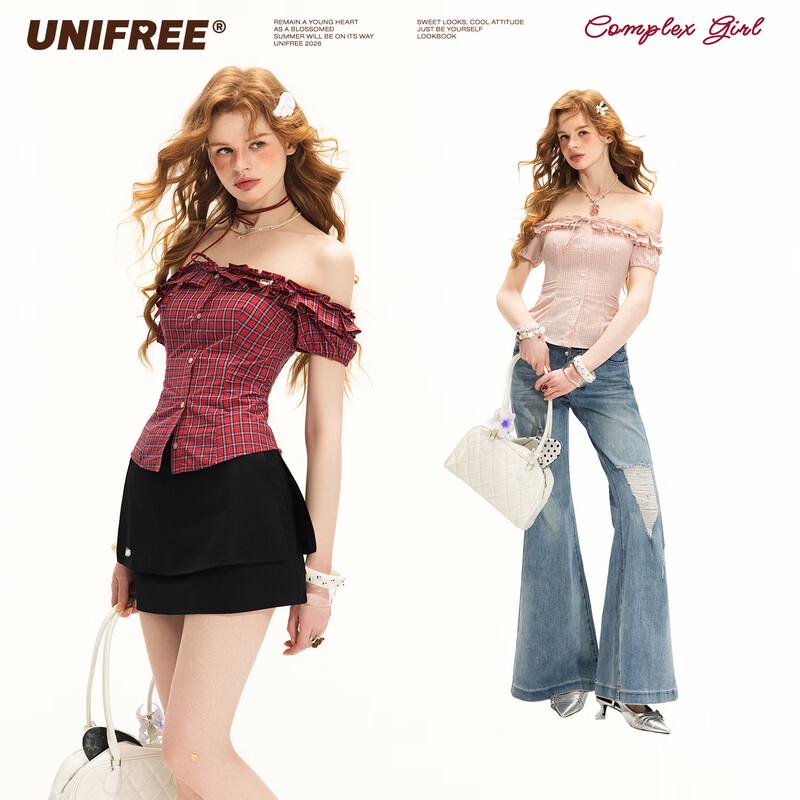 UNIFREE Retro Plaid Off-shoulder Shirt L