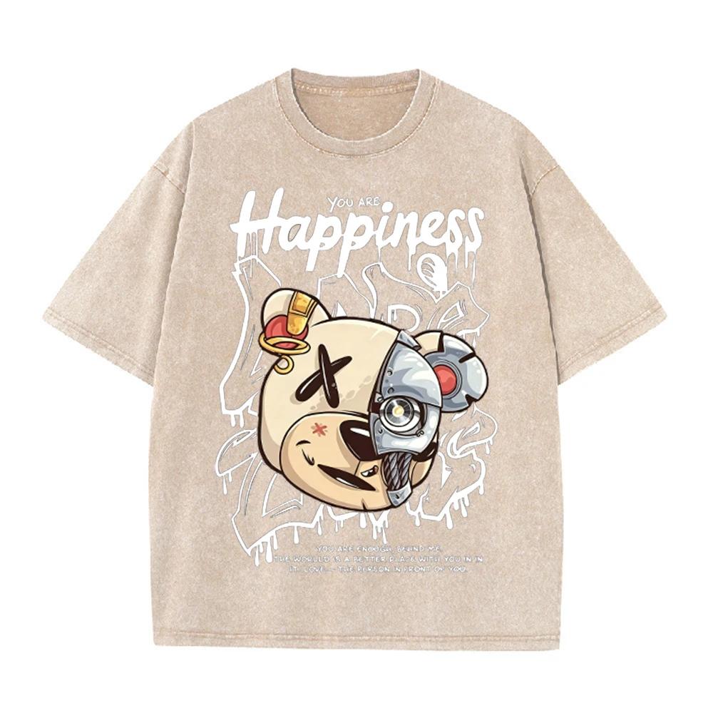 2026 Vintage Washed Beige Mechanical Bear Happiness Letter Graphic T Shirt Street Graffiti Print Oversized Casual Short Sleeve T