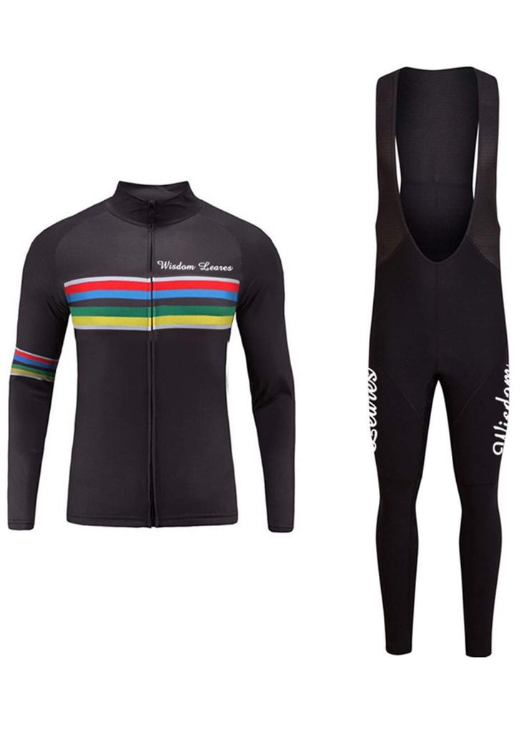 Wisdom Leaves Long Sleeve Cycling Jersey Set with 3D and Reflective Men's Pads, Breathable, Sweat-Wicking, Material, Black1-S