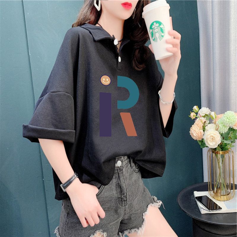 

Polo Shirt Short-Sleeved T-Shirt for Women 2026 Summer New Style Pure Cotton Loose Large Size Fashionable Casual Slimming Look Short Top Black 2XL