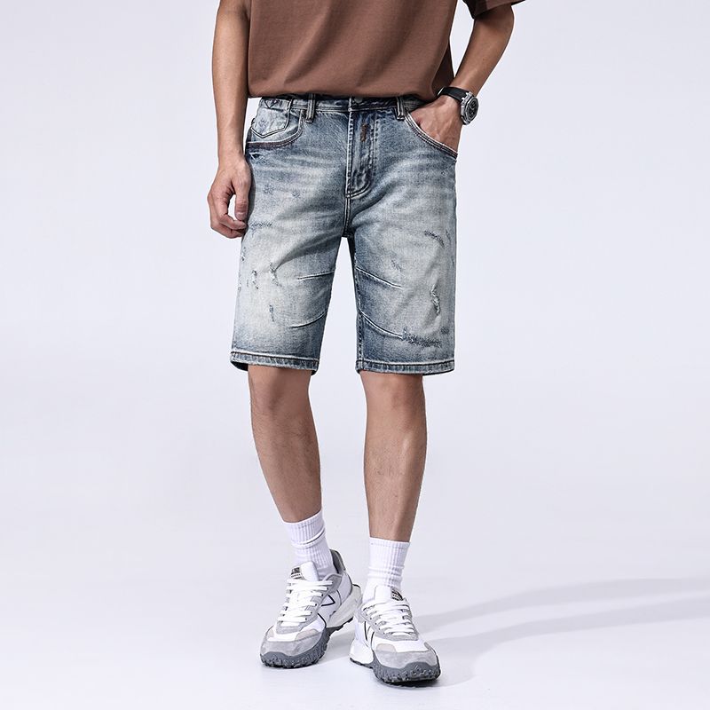 New Summer American Casual Denim Shorts Retro Straight Mid-tie Ripped Five-point Pants