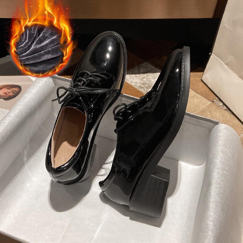 Women's Black British-Style Genuine Leather High Heels - Soft Sole, 2025 Autumn Collection