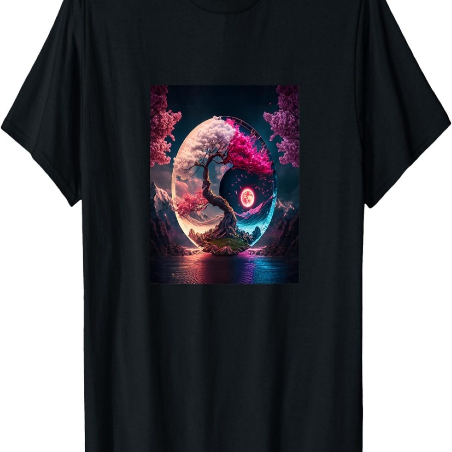 Mystical Aesthetic Cherry Blossom Tree Yin and Yang T-Shirt S чёрный