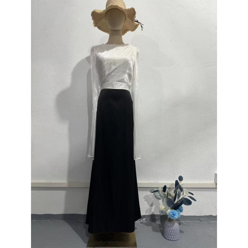 

European & American 2024 Autumn Organza-Satin Spliced Slim Dress with Flared Sleeves Double Extra Large