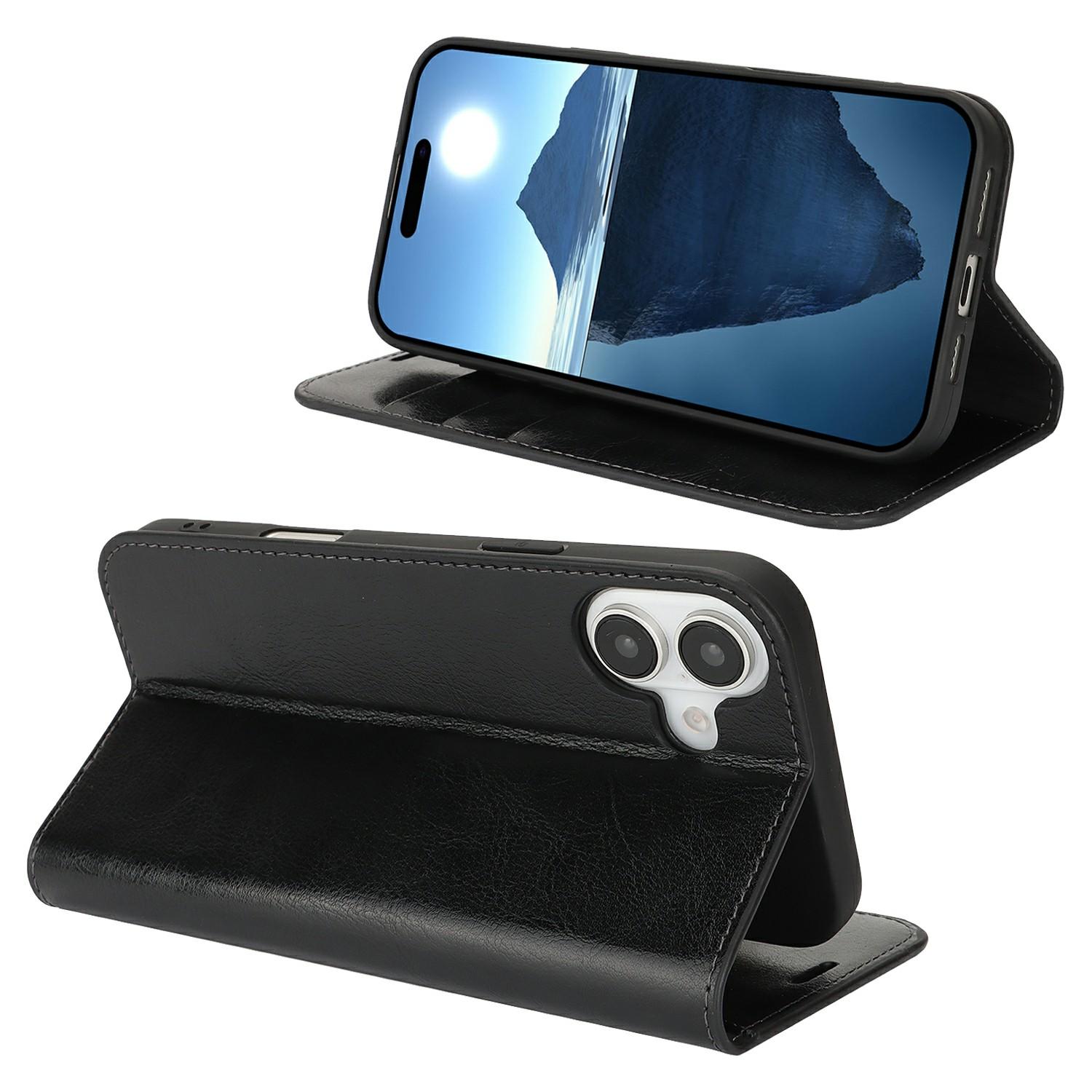 

For iPhone 16 Plus Case Crazy Horse Texture Split Leather Wallet Phone Cover Black