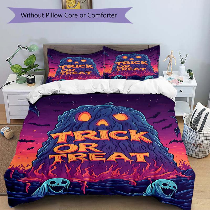 3PCs Trick-or-treat, Halloween Design Cover Set, Breathable Fabric, Machine Washable (1 Duvet Cover + 2 Pillowcases) (Without Quilt) Yy250911128