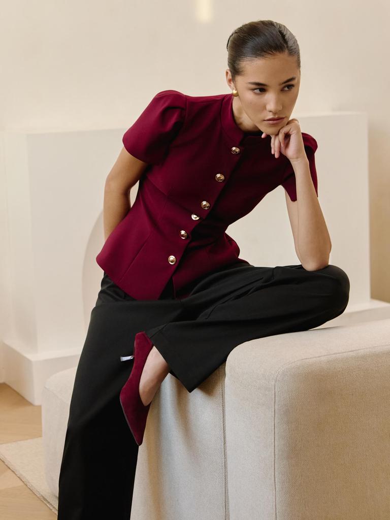 Spring/Summer 2026: Elegant Women's 3D Design Top with Lantern Sleeves & Metal Buckle