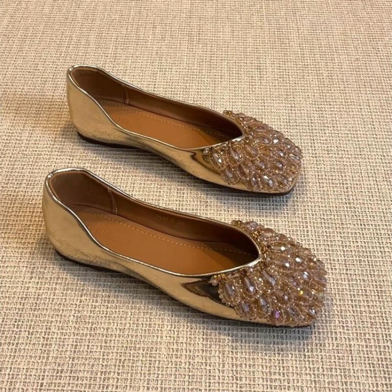 

Square head rhinestone shallow mouth single shoes women s new summer wedding shoes ladyshoes one pedal flat shoes Doudou shoes 35 золотой