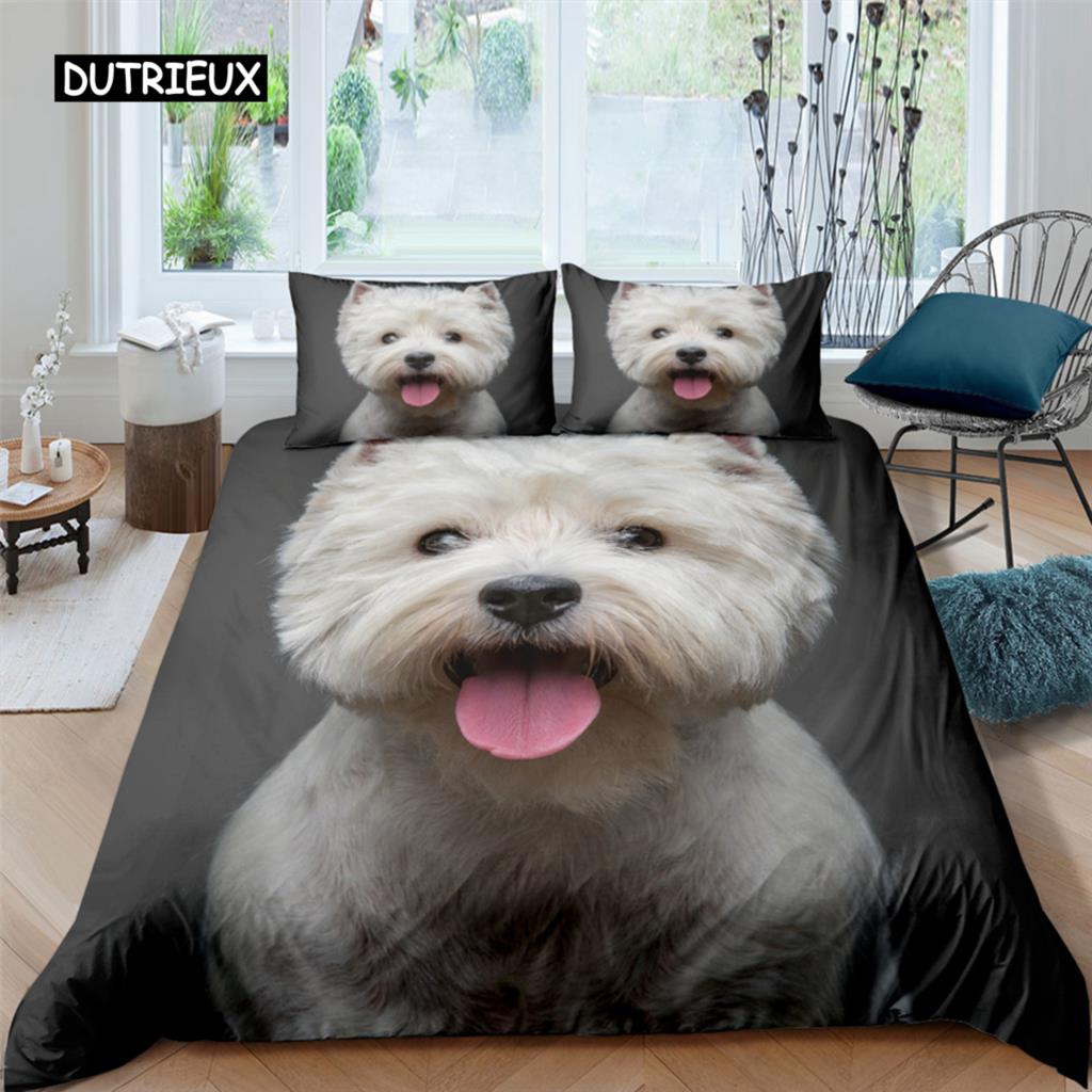 3D Dog King Queen Full Twin Duvet Cover Funny Puppy Bedding Set Teens Adult Kawaii Pet Animal White 2/3pcs Polyester Quilt Cover