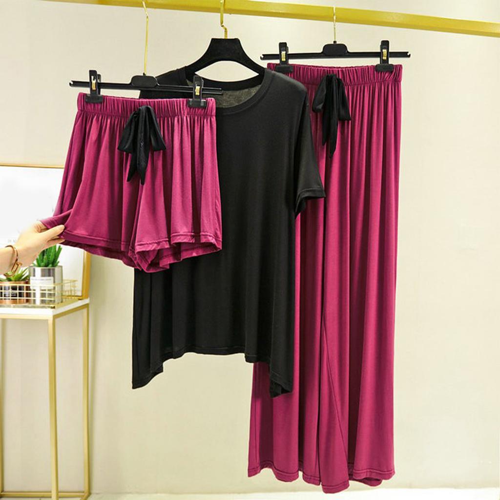 Damen Locker Lässig Rundhals Kurzarm T-Shirt Lange Hose Und Shorts Dreiteiliges Set Einfarbig Pyjama