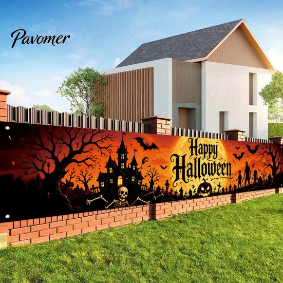 Festival Photo Booth Backdrop Halloween Fence Banner, 118 x 20 Inch Large Yard Sign Banner Flag, Scary Store Window Holiday Displays Party Hanging