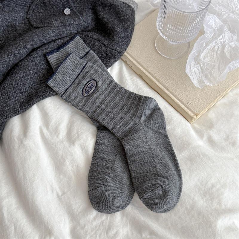 Striped Embroidered Letter Boneless Textured Cotton Mid-calf Socks for Casual Sports Women