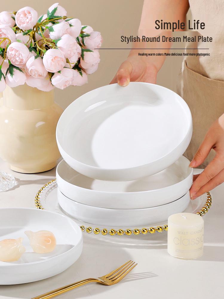 High-Sided Pure White Ceramic Plate for Steaming Egg Custard - Deep, Round, and Heat-Resistant. 8-inch pure white plate set of 2