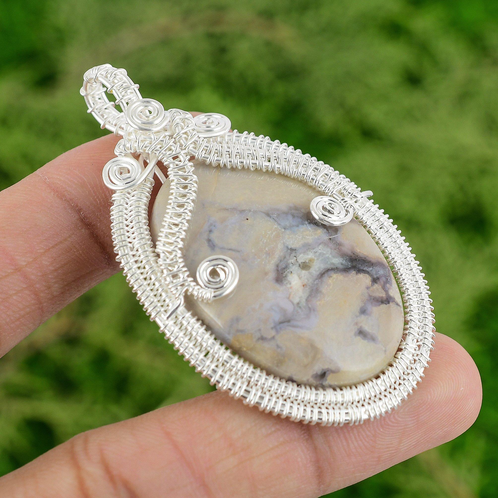 

Oval Natural Porcelain Jasper 925 Sterling Silver Wire Wrapped Pendant Jewelry