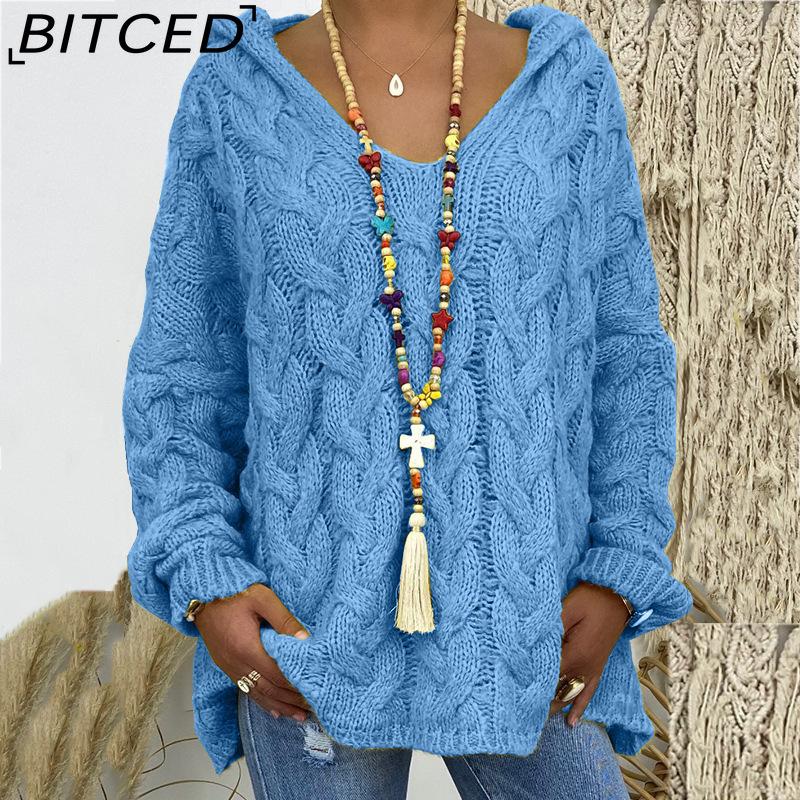 BITCED Fall/Winter Solid Color Cable-Knit Hoodie Sweatshirt for Women