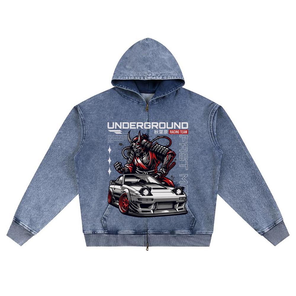 DTG print Knitted Denim Zip-Up Hoodie Underground Brother Print Zipper Hoodies  