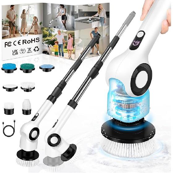 Electric Spin Scrubber, Cordless Power Shower Scrubber with 7 Scrub Brush, 3 Speeds, Adjustable Extension Handle, IPX7 Waterproof Electric Cleaning белый