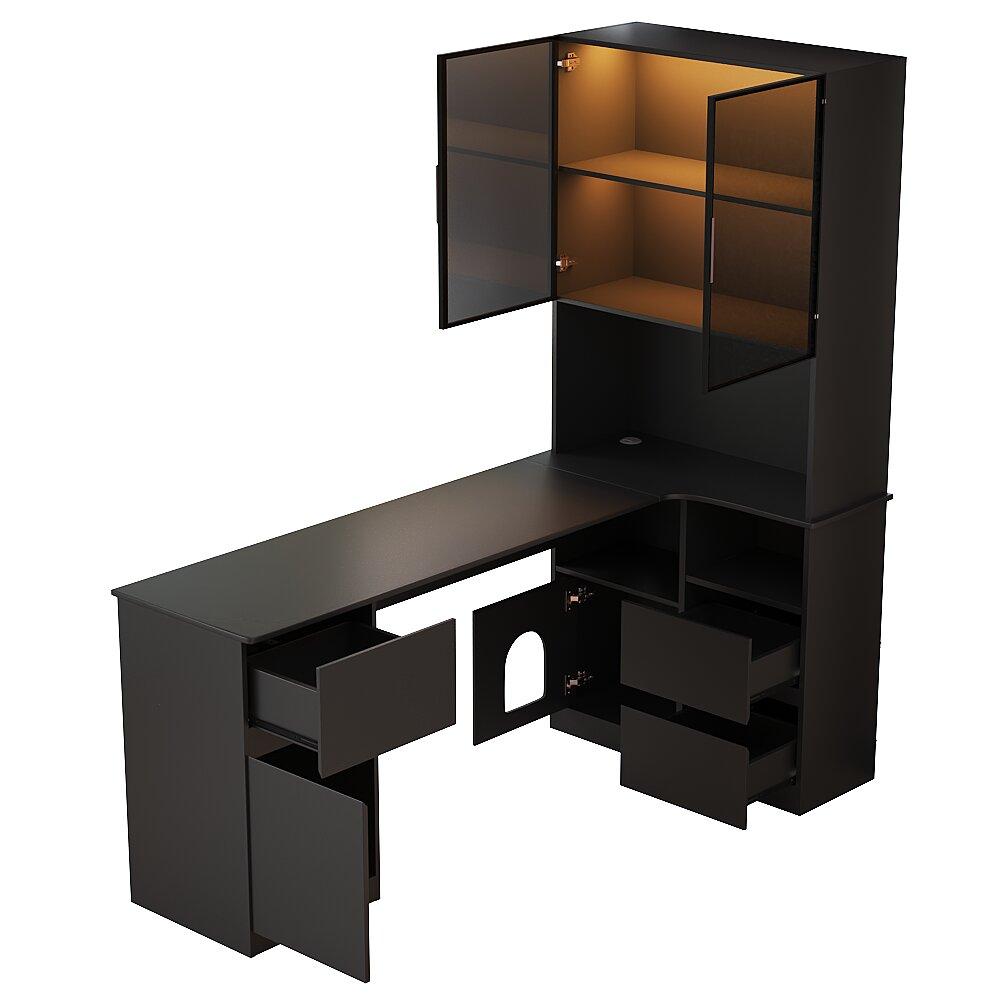 Corner desk with shelf and LED display cabinet 120×80×180 cm - desk with cable grommet, 3 drawers, 2 doors, open compartments