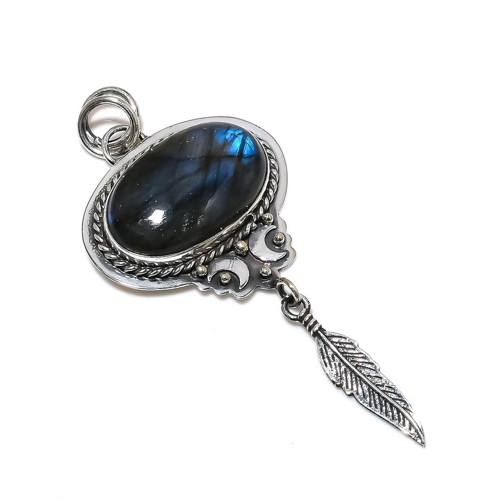 Handmade Natural Labradorite Pendant with Feather Charm in 925 Sterling Silver – Perfect Christmas, New Year, or Holiday Gift for Her