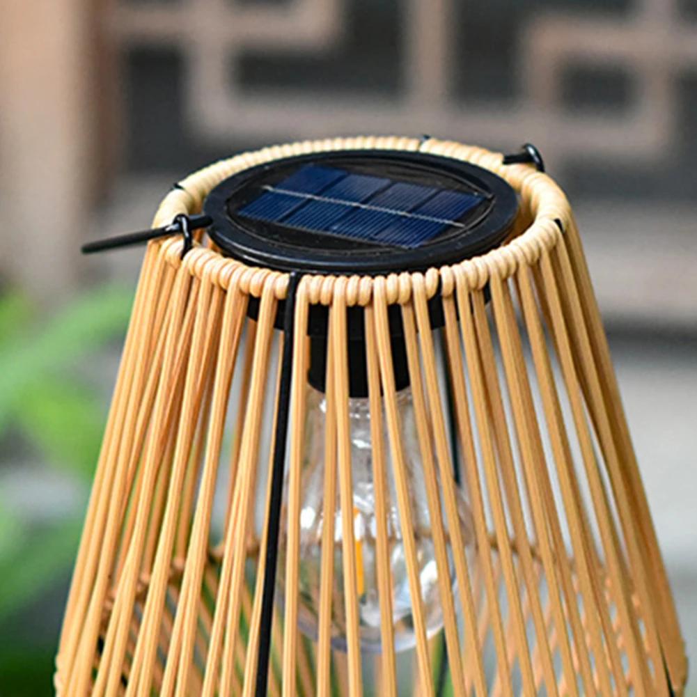 Rattan Solar Lantern Waterproof Hanging Bamboo Chandelier Lamp Solar Powered Rattan Weaving Light for Garden Patio Courtyard
