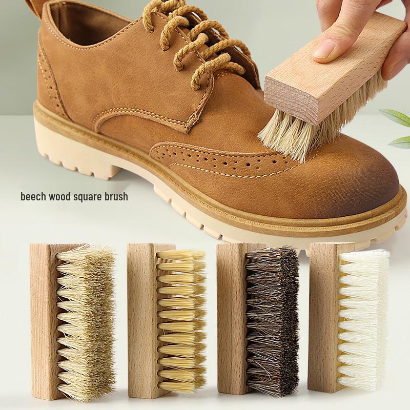 Square Beechwood Horsehair & Boar Bristle Soft Brush for Polishing and Dust Removal on Leather Shoes, Seats, and Cars.