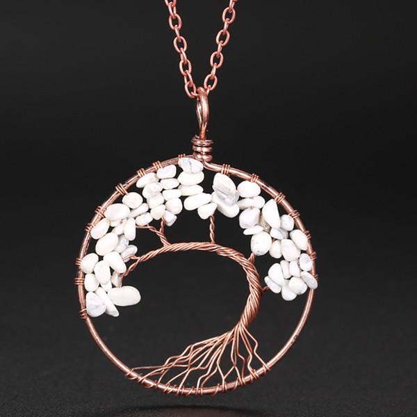 Hand-Wound Natural Stone Crystal Ancient Red Copper Curved Tree Of Life Curved Tree Necklace N01