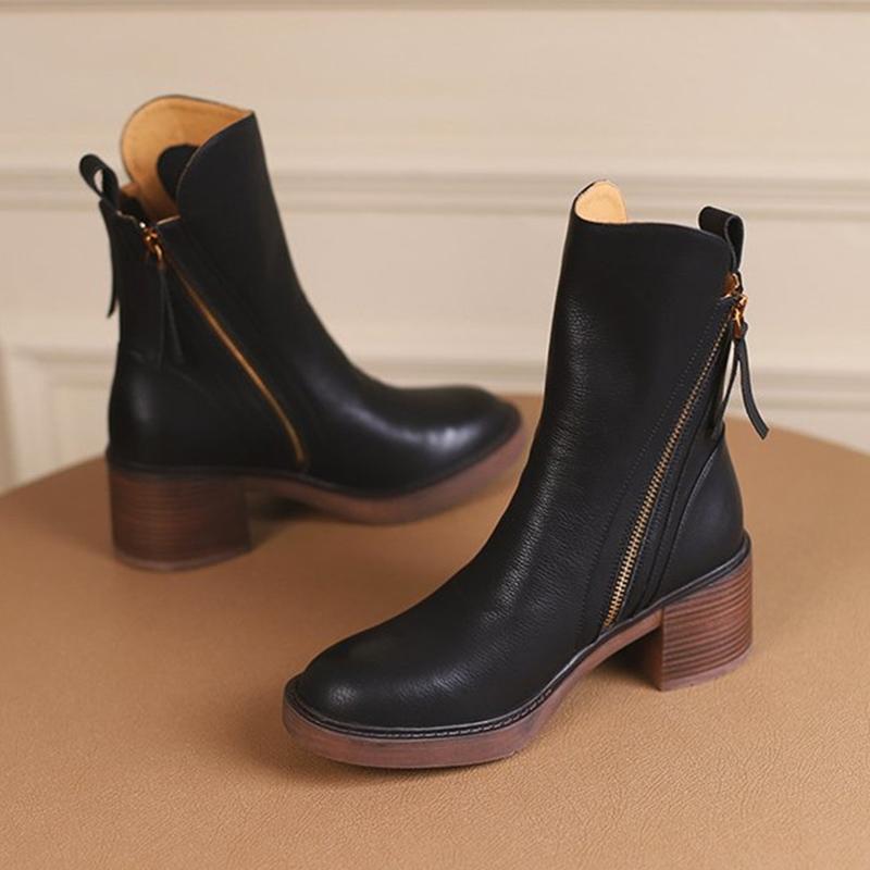 Winter Chunky Women Ankle Boots Designer Zippers Mid Heels Shoes 2025 Trend Fad Classic Leather Pumps Motorcycle Botas De Mujer