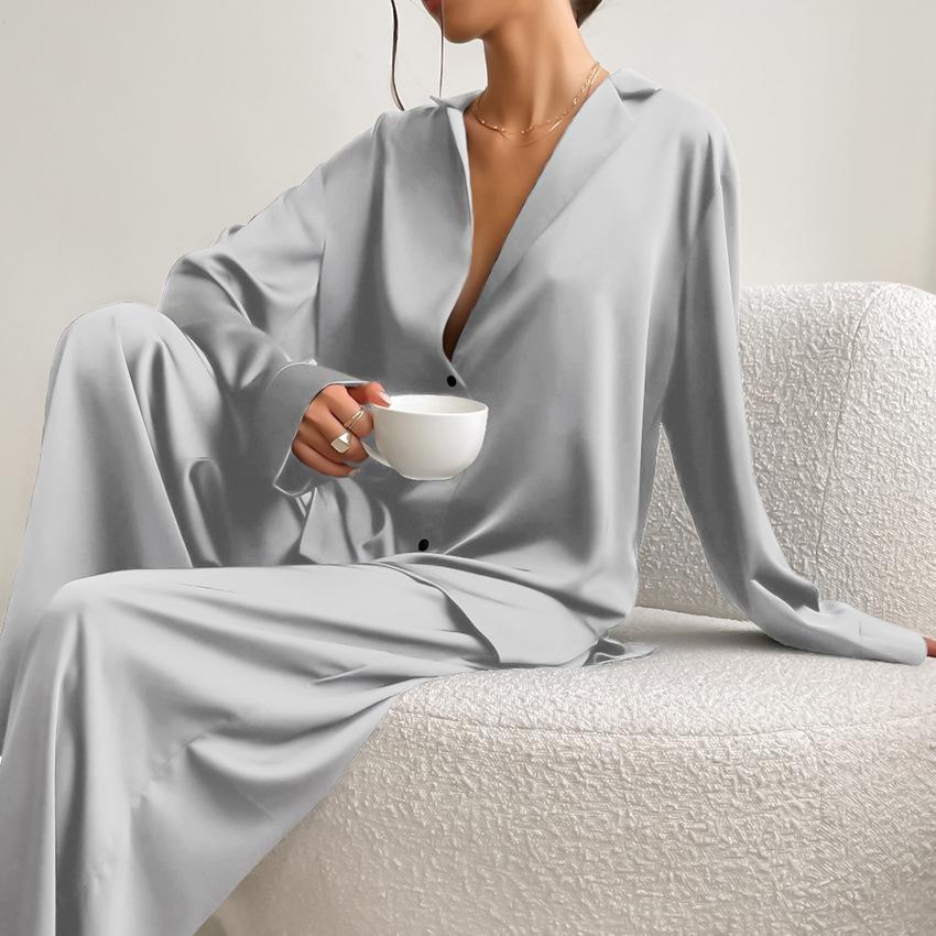 Women's Satin Silk Sleepwear Low Cut Sexy Home Clothes Pajamas Single Breasted Long Sleeves Wide Leg Pants Trouser Set