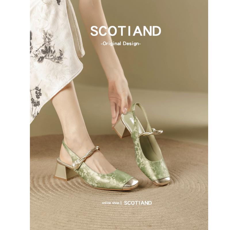 

Сандалии в национальном стиле с жемчужными сандалиями на толстом каблуке, в цветовой гамме, летние туфли-лодочки Мэри Джейн на высоком каблуке, одинарные туфли, пустые сандалии 40 зелёный