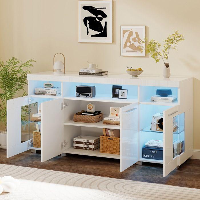 Side Table 140x40x70 Cm, High-gloss Lacquered Side Furniture, LED, Sideboard, Tempered Glass Side Furniture, 3 Compartments, White