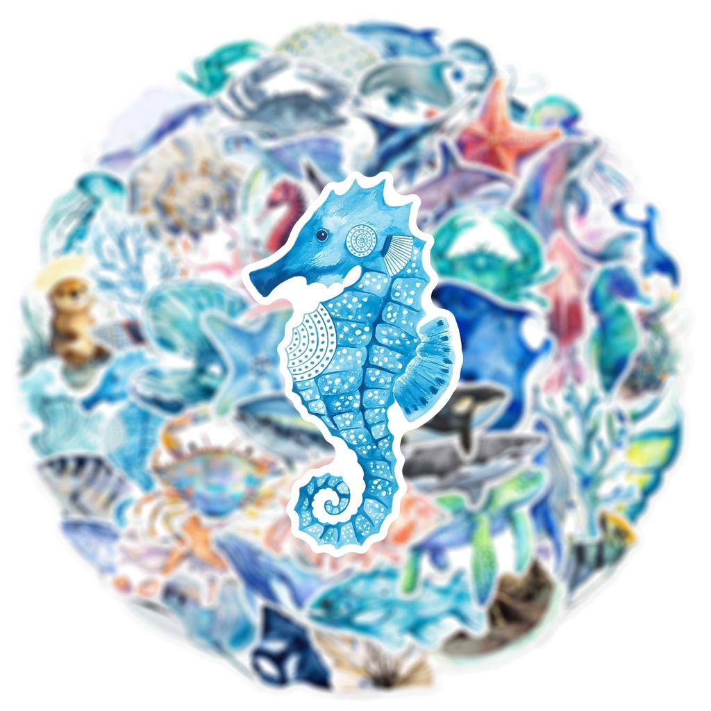 50pcs/pack New Hand Drawn Ocean Series Graffiti Stickers For Luggage Phone Guitar Water Cup Movable Stickers