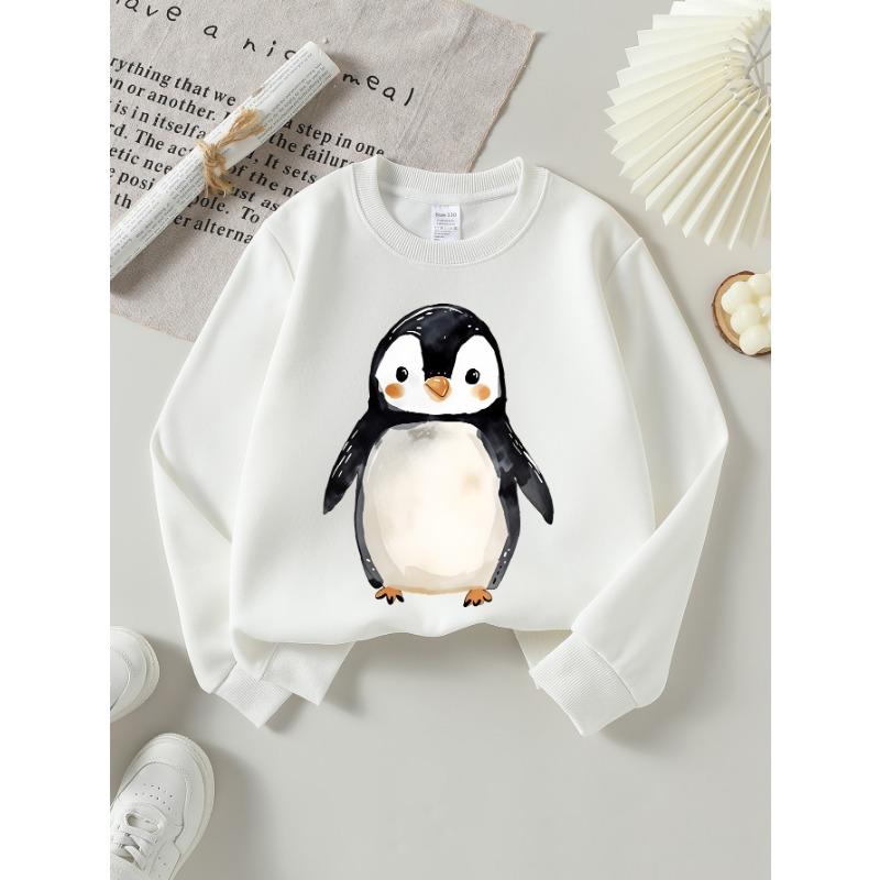 European sizes Girls' Soft Crewneck Sweatshirt, Cute Watercolor Penguin Print, Casual for Fall Winter, Ideal Holiday Present.