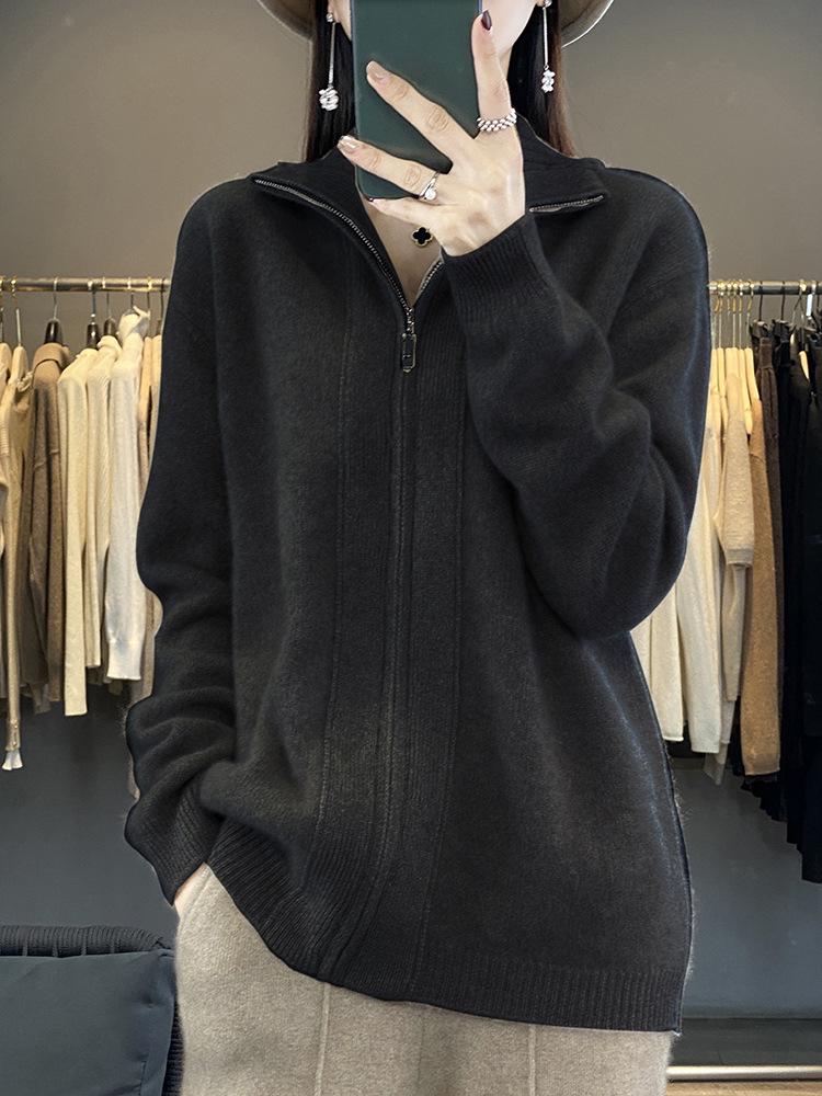 High Neck Warm Zipper Knit Cardigan - Women's Fashion, Age-Reducing Lazy Style, Autumn/Winter Outerwear