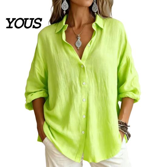 Casual Long Sleeve Tops Women Button Front Shirt, Turndown Collar Blouse, Relaxed Fit Solid Color Drop Shoulder Fall Top for Daily Wear