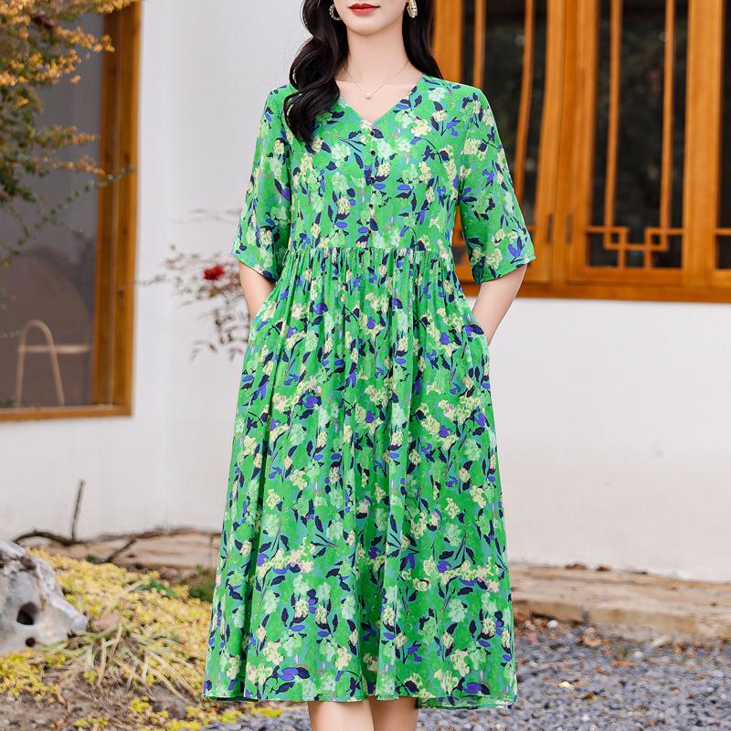 Elegant Women's Summer Dress Plus Size Half Sleeve Vintage Print Long Dresses Female Summer Clothes