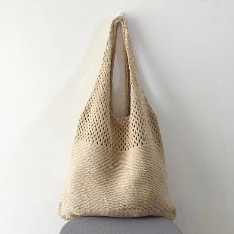 Large Capacity Knitted Tote Bag Korean INS Fashion Solid Color Hollow Out Shoulder Handbag for Women