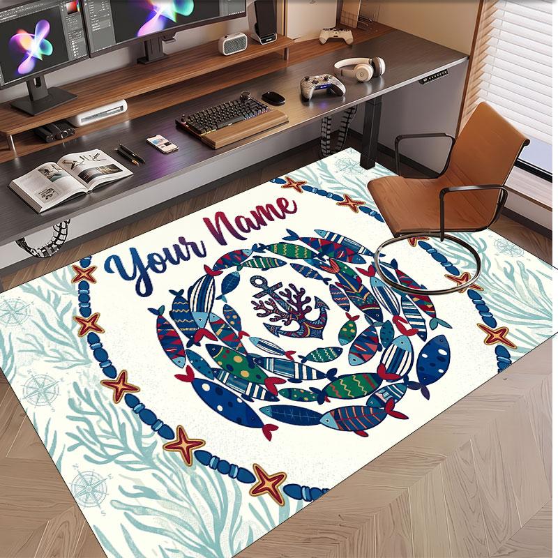 Fish Ocean Theme Soft Crystal Velvet Rug Custom Name & Text Print Non Slip Floor Rug for Bedroom Living Room