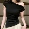 Pure Desire Sexy Slanted Shoulder Knitted Sweater Women's Summer Design Feeling Open Shoulder Irregular One-word Shoulder Shirt Spice Girl Short Top