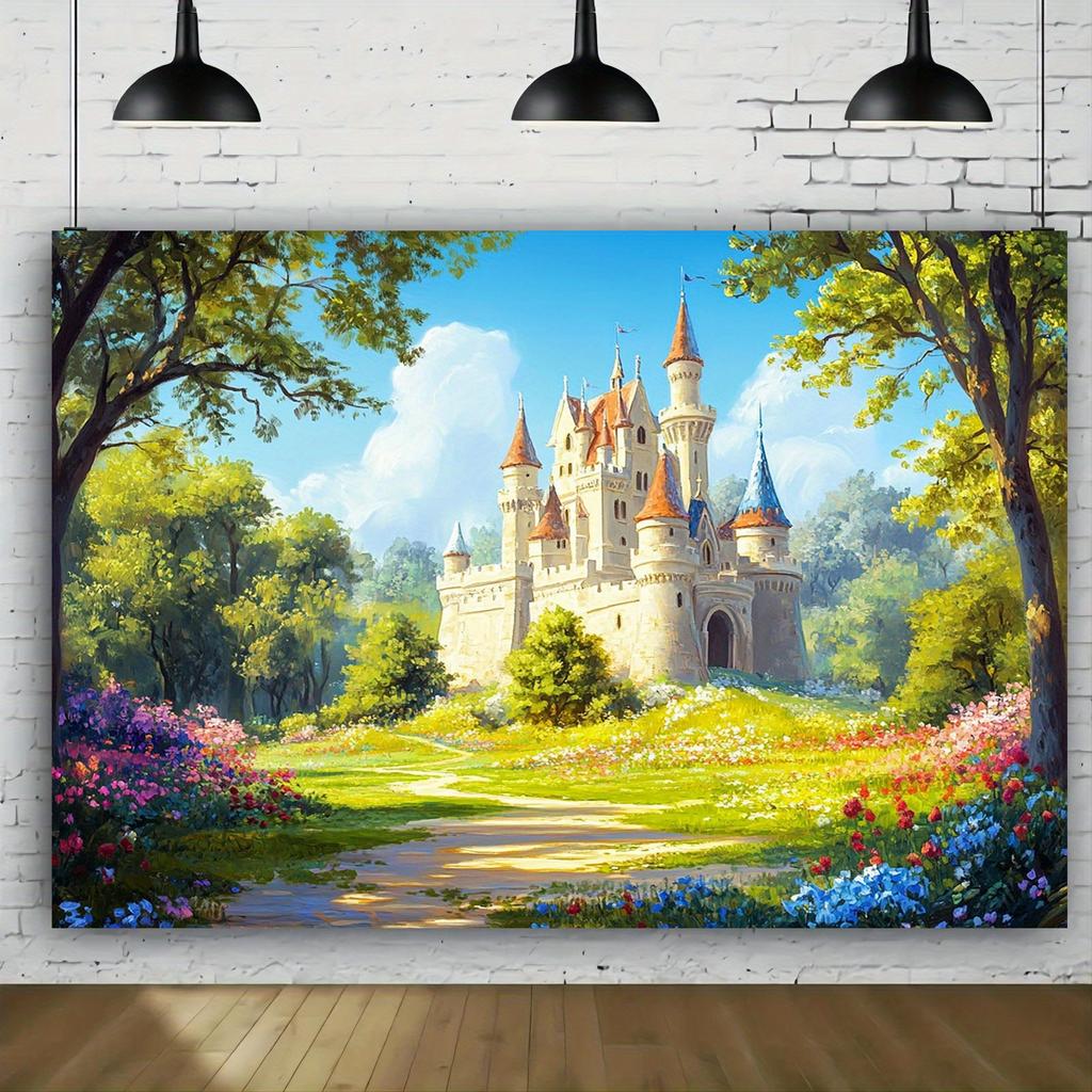 1pc Spring Fairy Tale Castle Background Polyester Banner a Beautiful Castle In the Spring Garden. Party Background Decoration