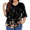 Women's Fashion Casual  Printed V-Neck Pleated Seven Minute Sleeve Ruffle Sleeve T-Shirt Plus Size Tops