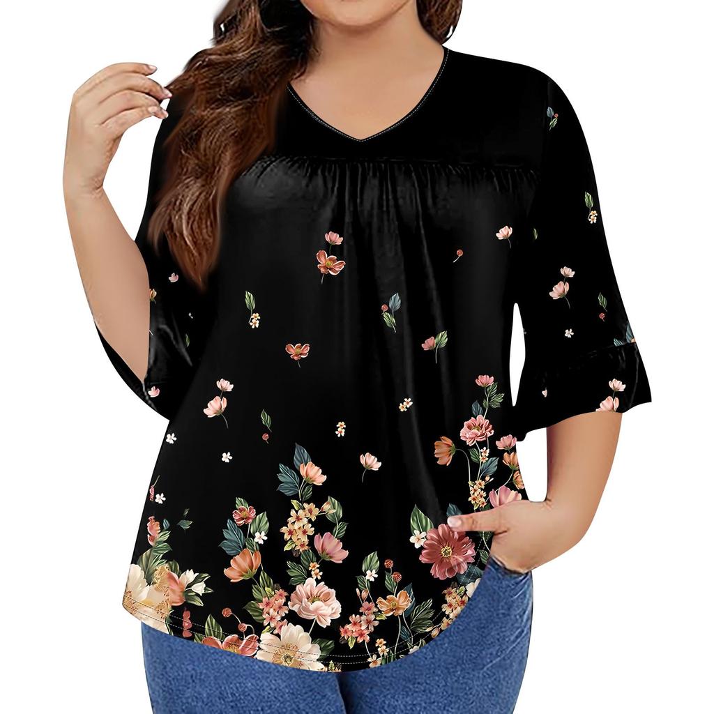 Women's Fashion Casual  Printed V-Neck Pleated Seven Minute Sleeve Ruffle Sleeve T-Shirt Plus Size Tops