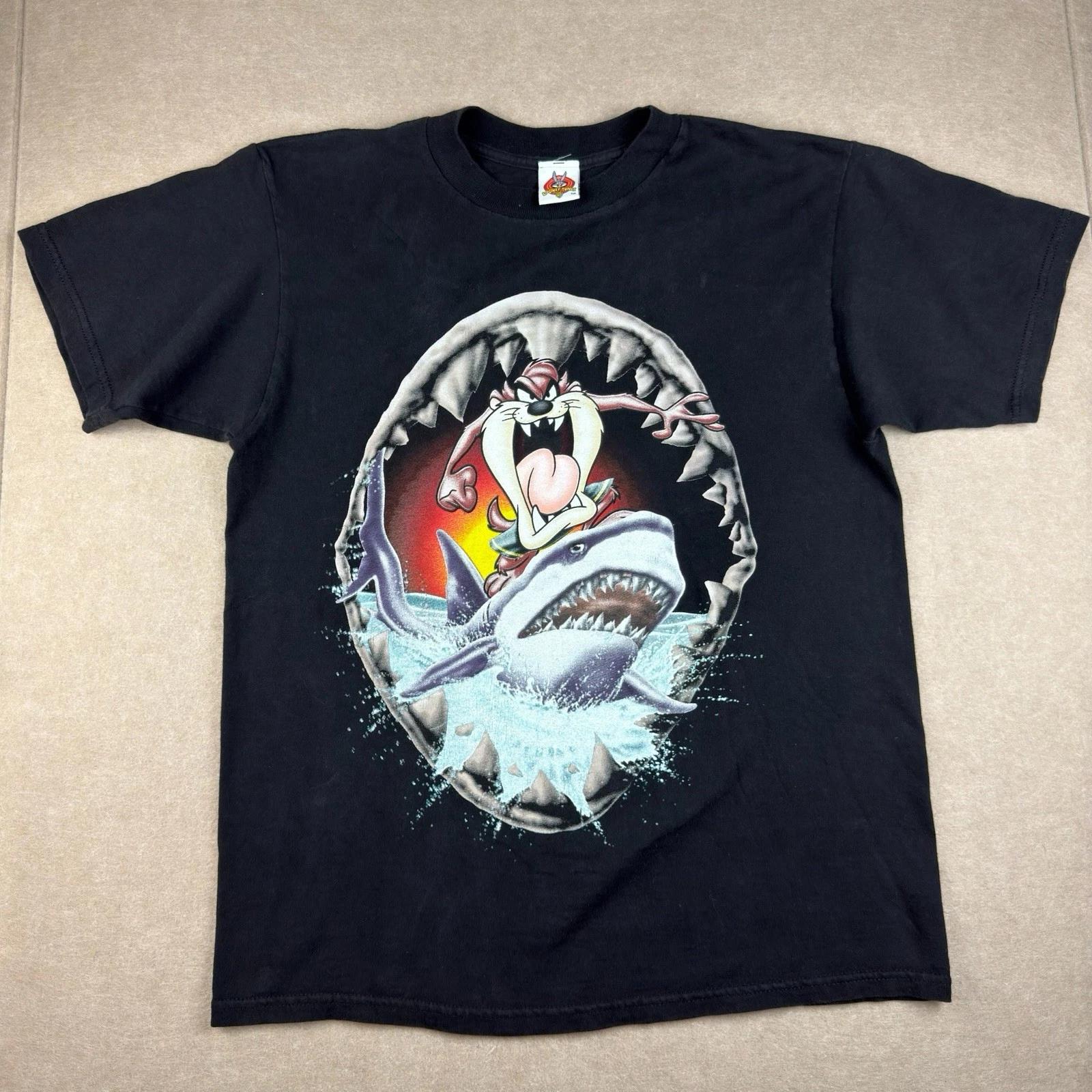 Vintage Looney Tunes Taz Shark Shirt Men’s M Black Cartoon Graphic 1998 3XL