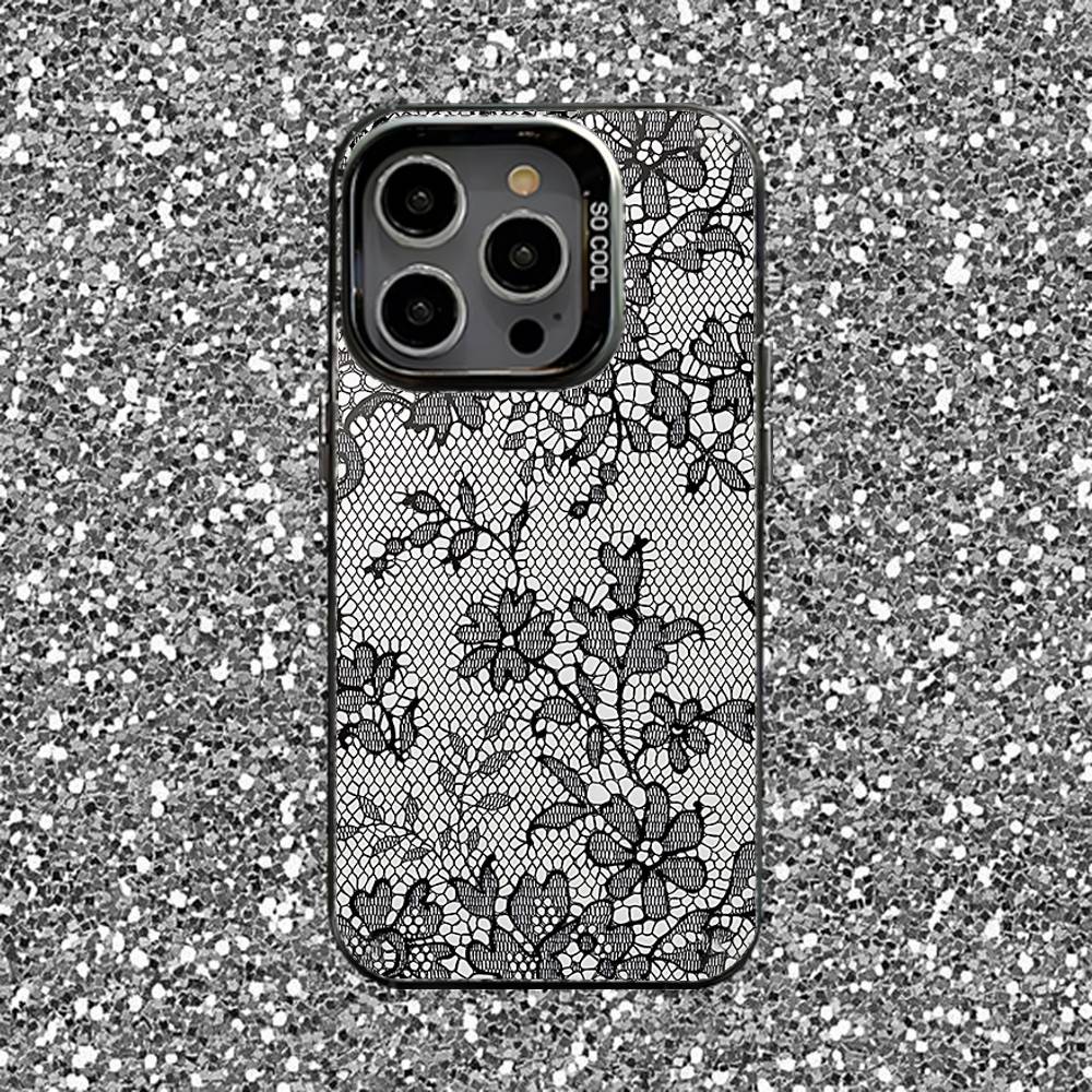 Lace Print Pattern Phone Case For iPhone 16,15,14,13,12,11,Pro,XS,Max,Plus,Mini,SE Black Candy Matte Shockproof Cover