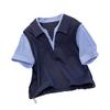 Premium POLO Kragen Gestreiftes Fake Zweiteiliges Kurzarm T-Shirt für Damen Sommer Locker Pendeln Vielseitiges Oberteil