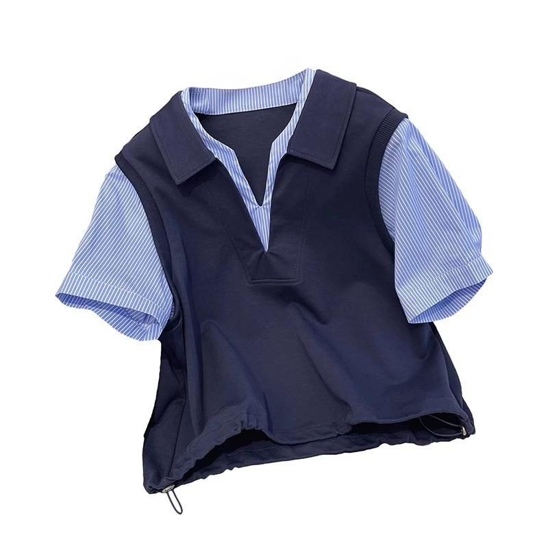 Premium POLO Collar Striped Fake Two Piece Short Sleeved T-shirt for Women's Summer Loose Commuting Versatile Top